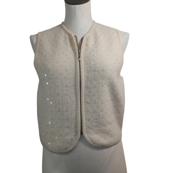 ICE Sweater Vest Ivory 100% Wool Sequin Full Zip Womens Medium - Picture 1 of 11